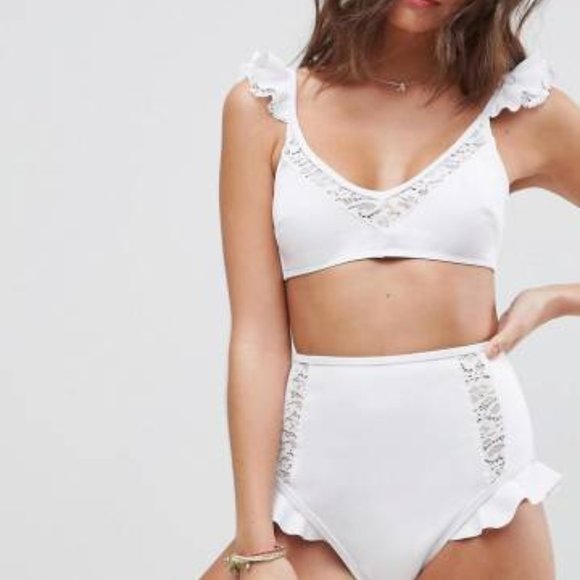 ASOS Lace Neoprene Frill Sweetheart Crop Bikini Top & High Waist Bikini Bottom - Picture 3 of 8